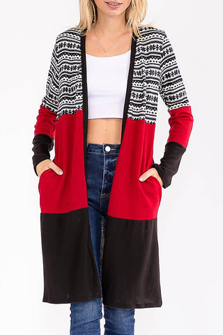 Snowflake Contrast Color Block Long Cardigan