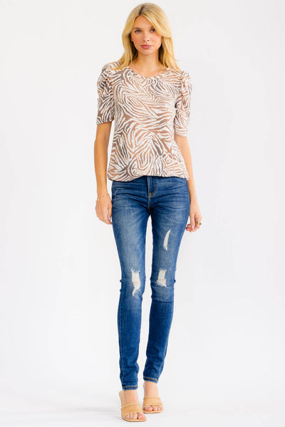 Zebra Puff Sleeve Knit Top in Mocha