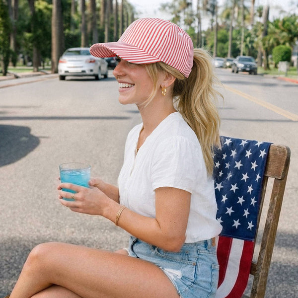Stripe Pattern Criss-Cross Ponytail Trucker Hat