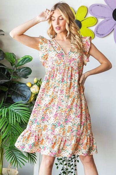 V Neck Floral Dress with Ruffle Sleeve and Pockets