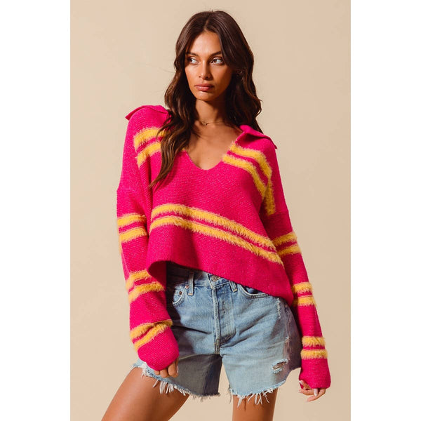 Fuzzy Striped V Neck Sweater in Fuchsia/Lemon Yellow