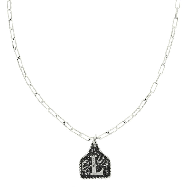 Western Letter Initial Etched Cattle Tag Pendant Necklace