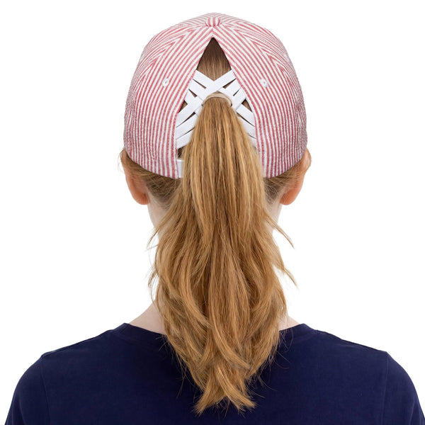 Stripe Pattern Criss-Cross Ponytail Trucker Hat