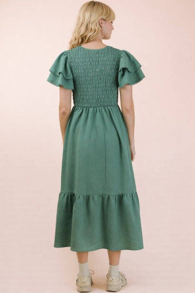 Smocked Ruffle Sleeve Midi Dress in Sage