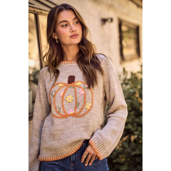 Pumpkin Floral Embroidered Sweater