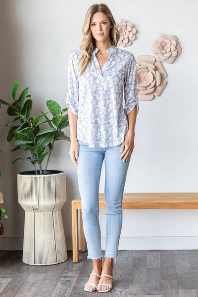 Lavendar Floral Mandarin Collar Top