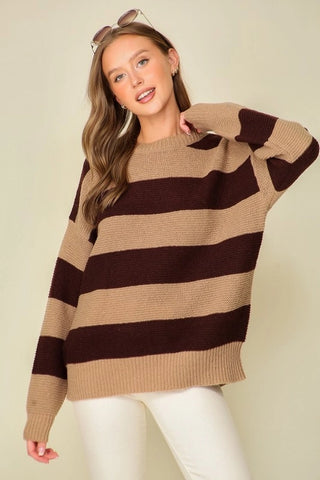 Game Day Stripe Sweater in Taupe/Brown