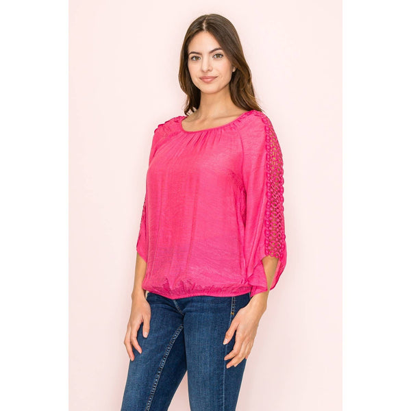 Crochet Lace Sleeve and Bubble Hem Top in Honey Suckle Pink