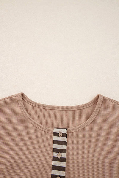 Waffle Stripe Plaid Patchwork Henley Knit Top