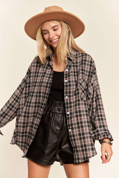 Plaid Tunic Button Down in Black