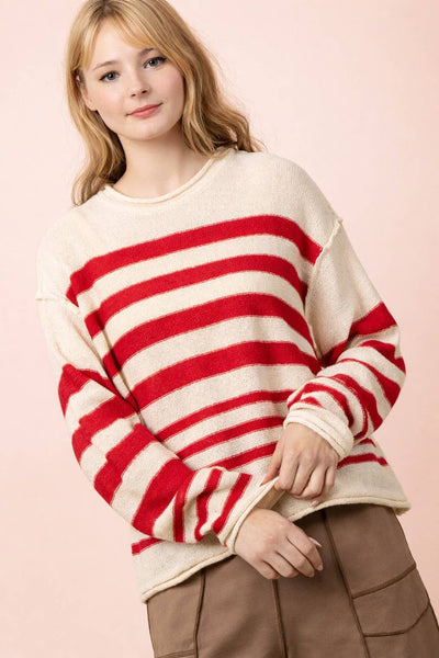 Striped Oversized Sweater Top in Red