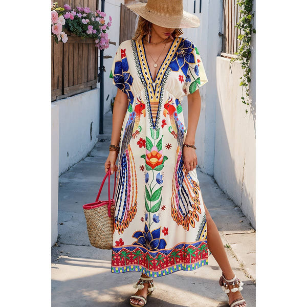 Floral Deep V Neck Batwing Sleeve Tropical Dress