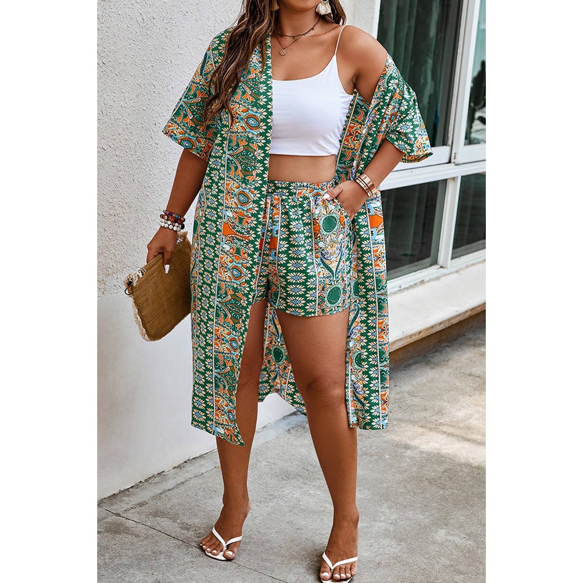 Plus Size Two Pieces Printed Elastic Waist Sets