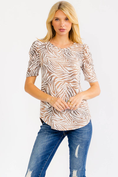 Zebra Puff Sleeve Knit Top in Mocha