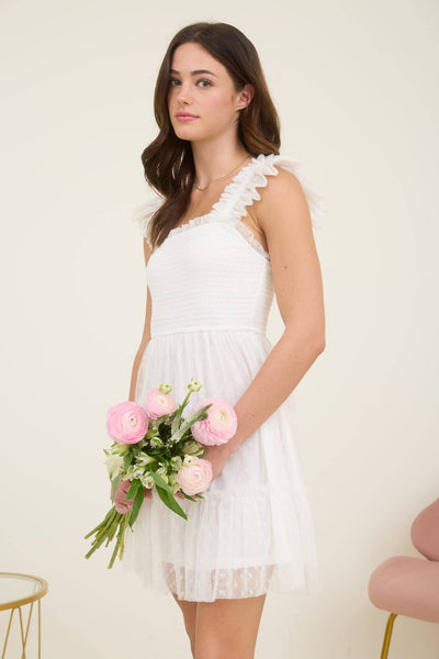 Polka Dot Chiffon Ruffle Dress in White