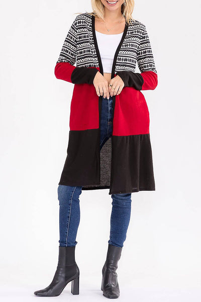 Snowflake Contrast Color Block Long Cardigan