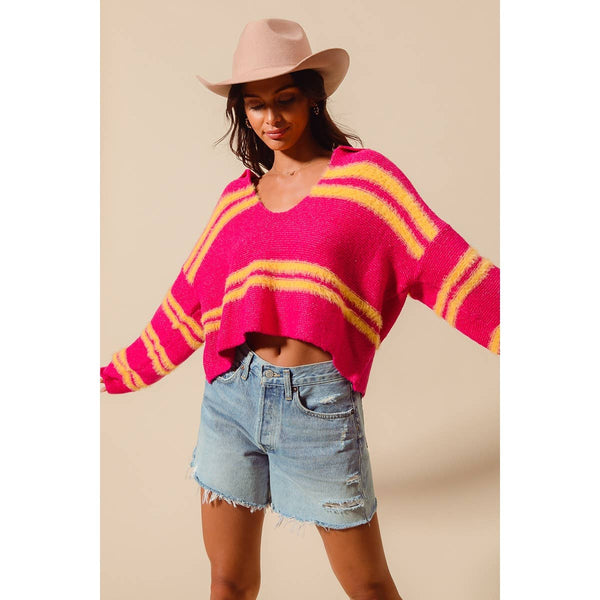 Fuzzy Striped V Neck Sweater in Fuchsia/Lemon Yellow