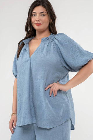Plus V Neck Ruffle Top in Chambray