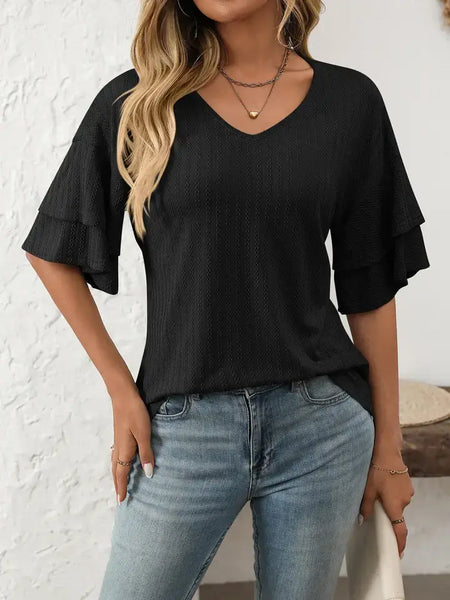 Textured V Neck Ruffle Sleeve Top