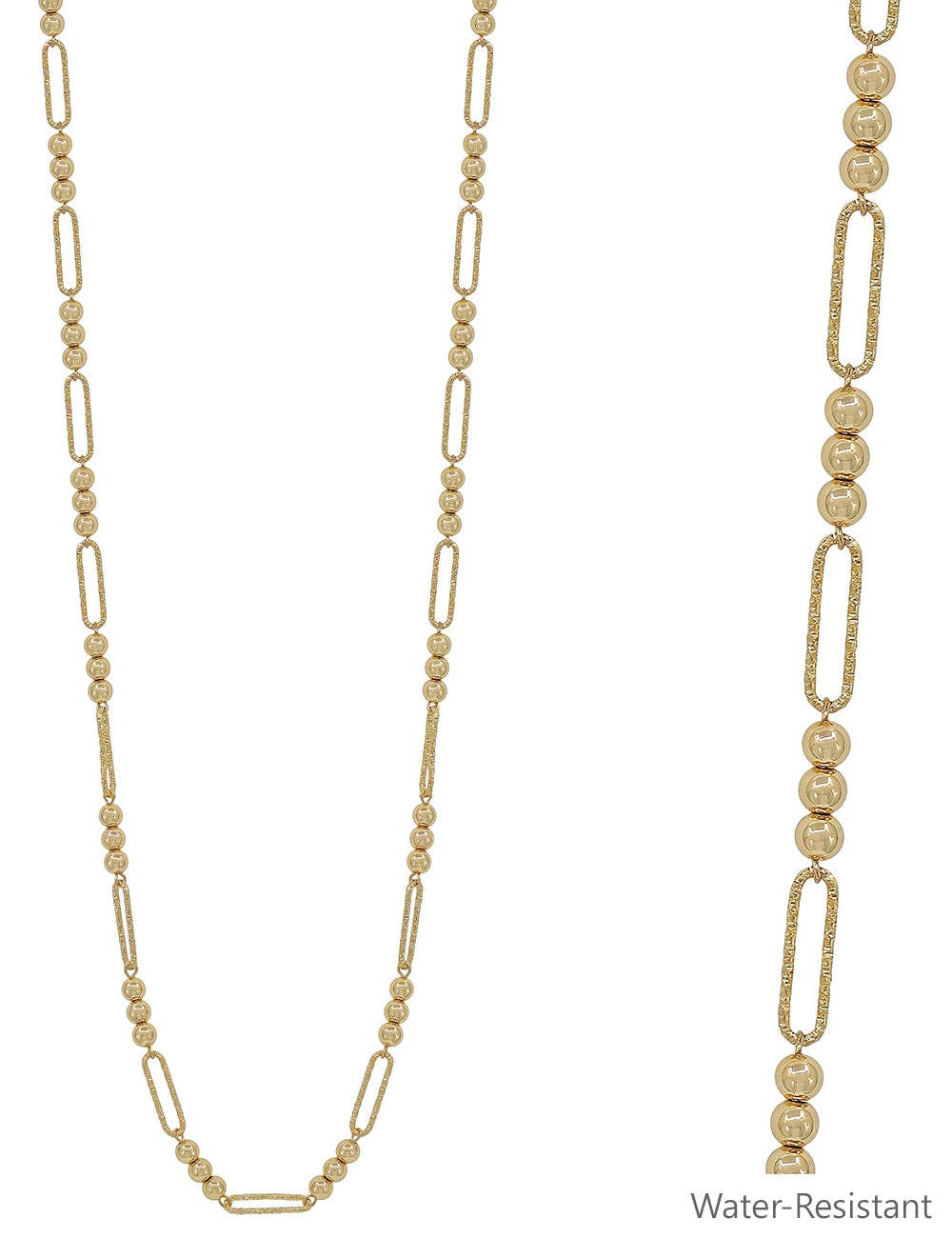 Water Resistant Gold Beaded and Oval Long Necklace