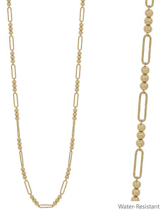 Water Resistant Gold Beaded and Oval Long Necklace