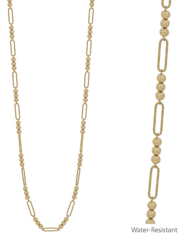 Water Resistant Gold Beaded and Oval Long Necklace
