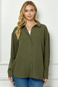 Oversized Boyfriend Button Up Shirt in Olive