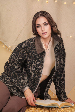 Leopard Printed Washed Twill Cotton Jacket