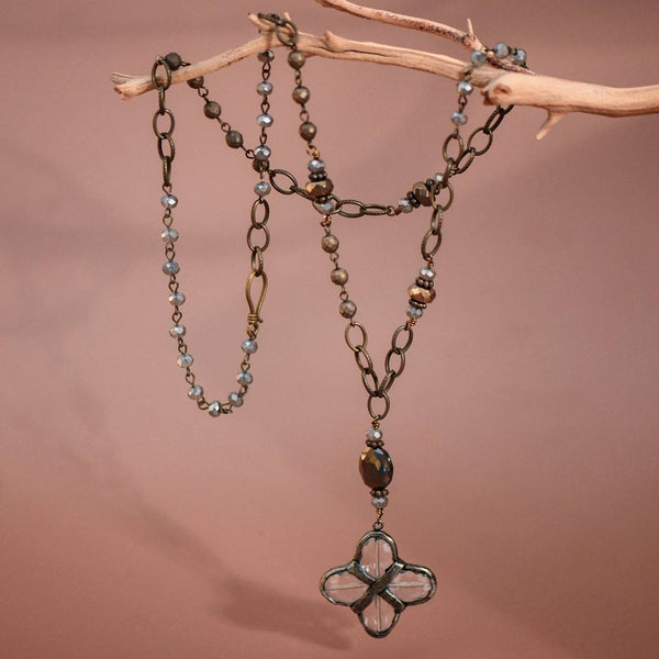 Boho Long Beaded Chain Link Necklace with Glass Crystal Pendant