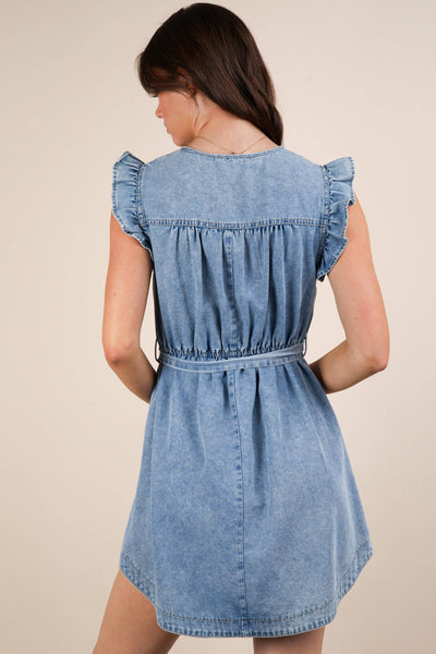 Washed Chambray Ruffle Detail Mini Dress