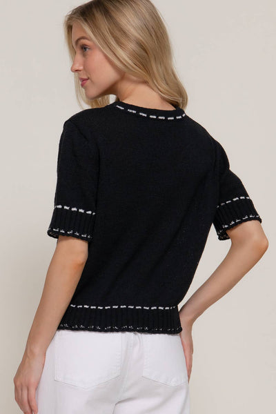 Short Sleeve Sweater with Contrast Color Stitch in Black