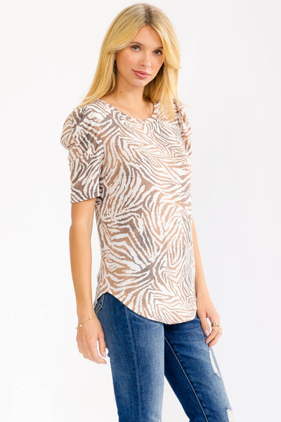 Zebra Puff Sleeve Knit Top in Mocha