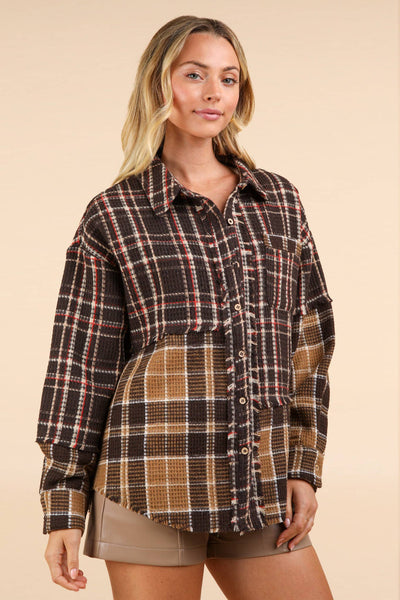 Mixed Plaid Oversized Casual Shacket Jacket