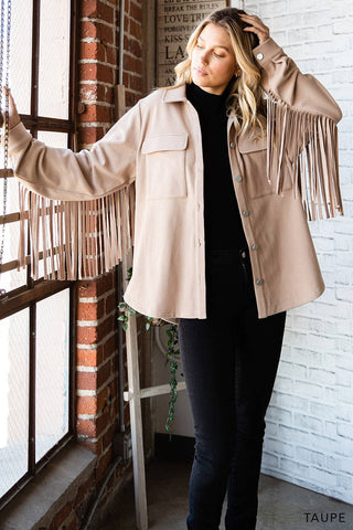 Brushed Terry Fringe Detail Shacket in Taupe