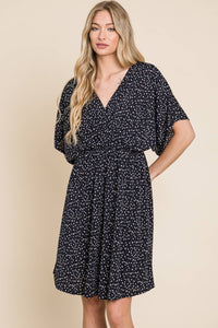 Faux Wrap V Neck Polka Dot Dress