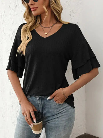 Textured V Neck Ruffle Sleeve Top