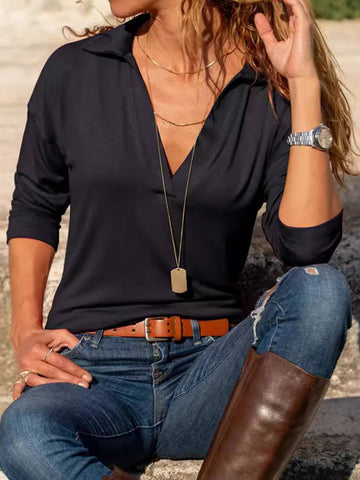 Collared V Neck Top in Black
