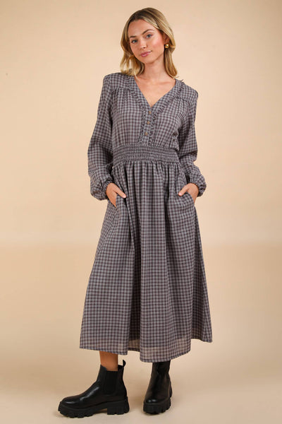 V-Neck Smocking Plaid Midi Dress
