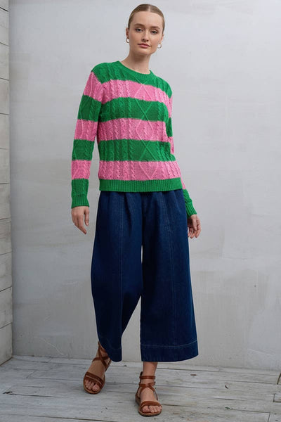 Cable Knit Striped Sweater in Green/Pink