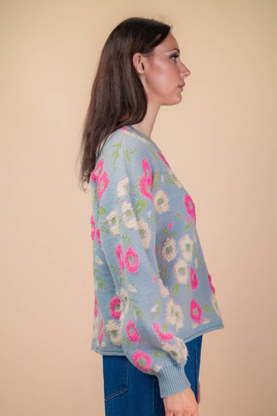 Oversized Floral Textured Sweater Top in Sky Blue