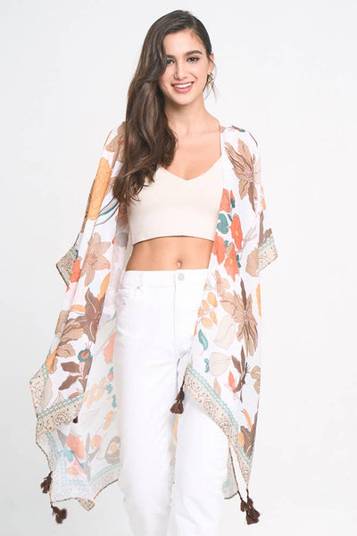 Fall Floral Print Tassel Kimono
