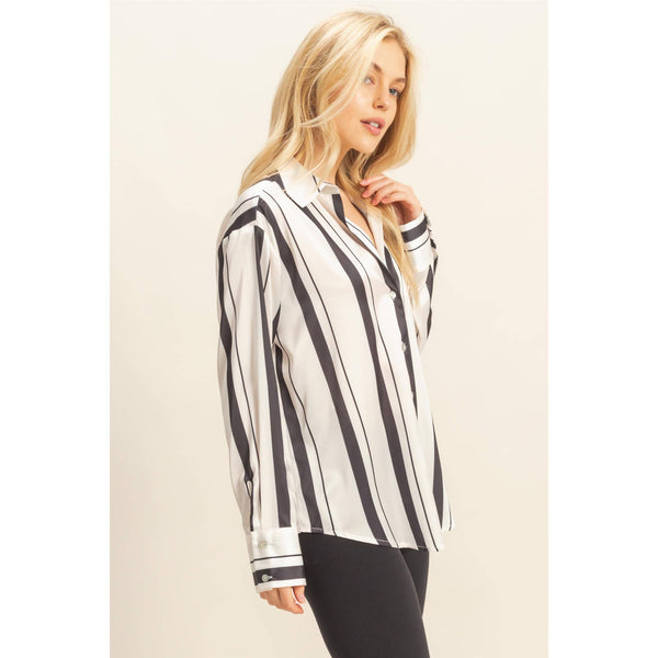 Versatile Striped Silhouette Button-Down Shirt in Black