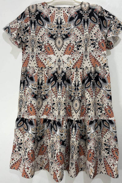 V Neck Ruffle Sleeve Floral Tiered Dress