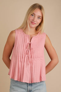 Pleated Woven Blouse Top with Front Tie
