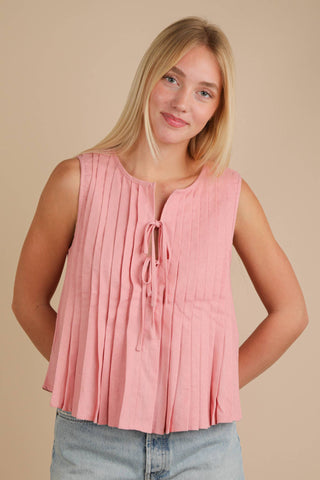 Pleated Woven Blouse Top with Front Tie
