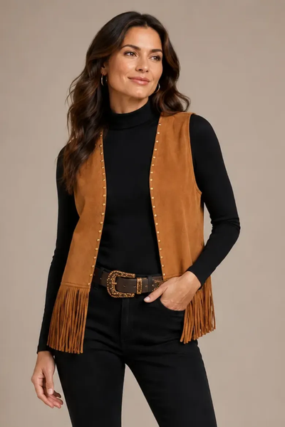 Faux Suede Studded Fringed Vest