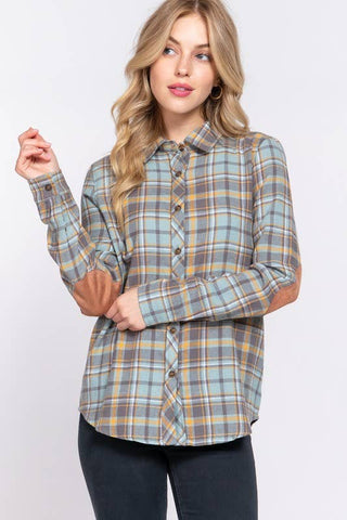 Plaid Shirt with Suede Patch in Mint/Sage/Mustard