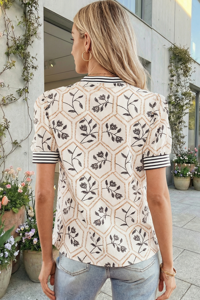 Floral Print Striped Button Neck Short Sleeve Blouse