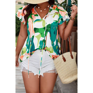 Tropical Print Ruffle Top