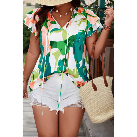 Tropical Print Ruffle Top